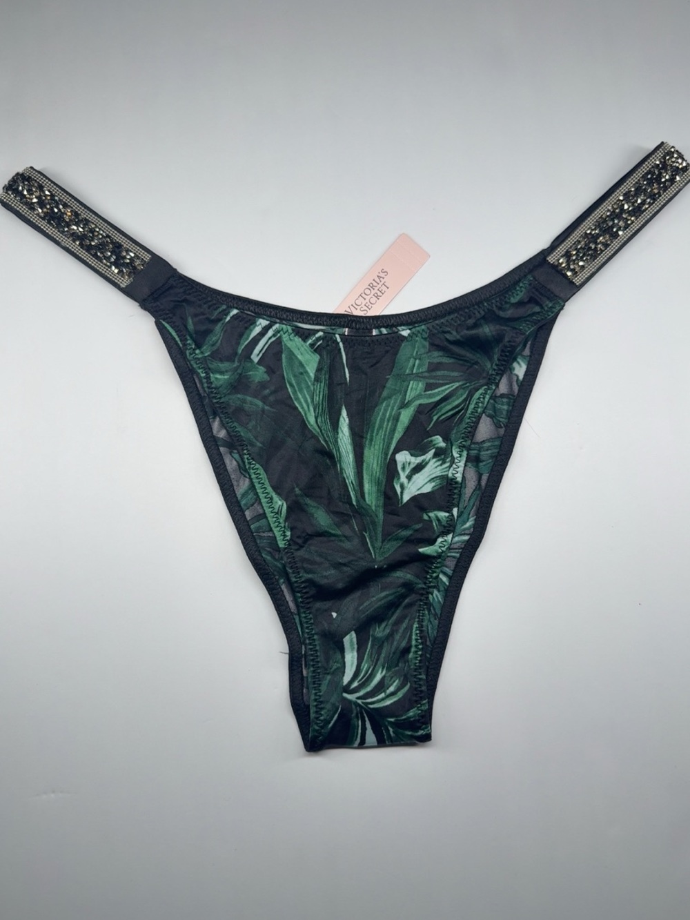 Victoria's Secret Black & Green Tropical Print Brazilian Shine Strap Thong